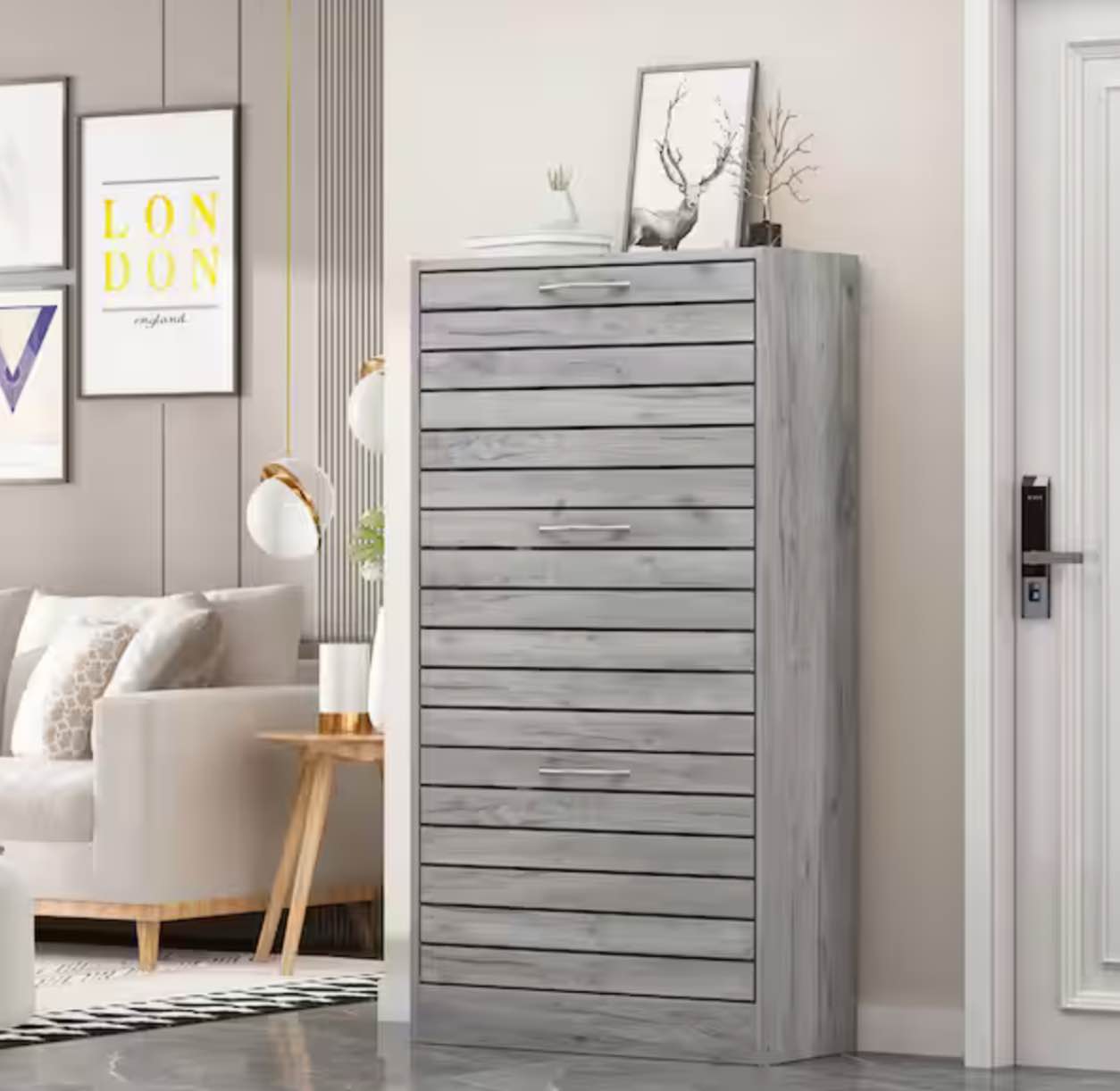 Grey Wooden Shoes Storage Cabinet, with 3 Drawers for Entryway Hallway, 42.3 in. H x 22.4 in. W
