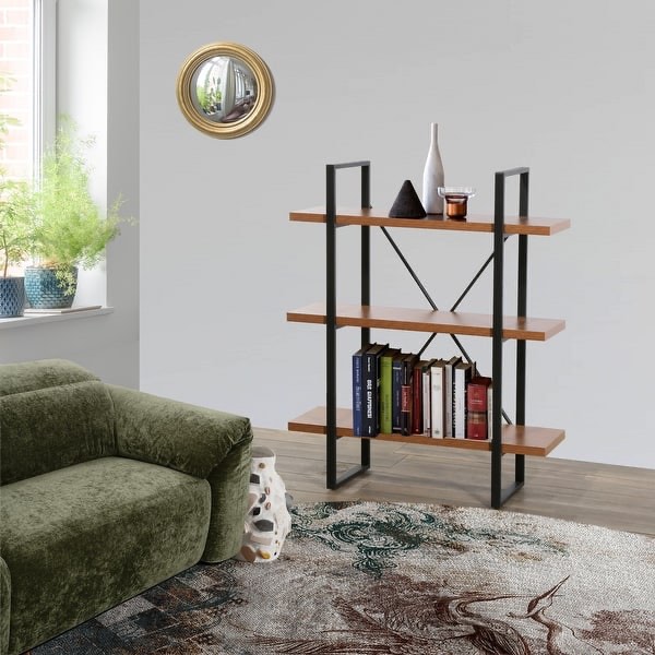 Matia Adjustable JD Walnut Wood and Metal Display and Steel Etagere Bookcase - 43'' x 35'' x 12.52''