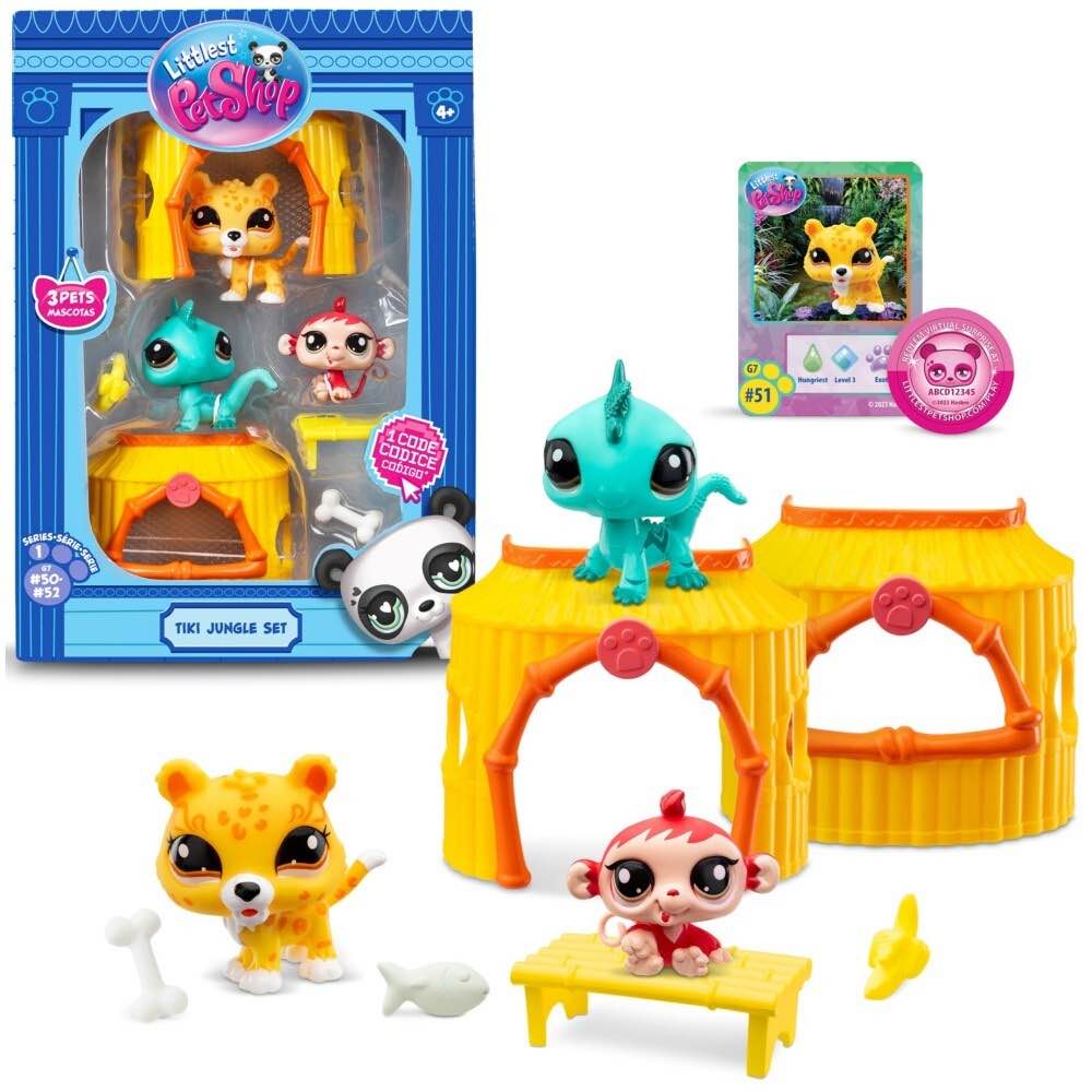 Littlest Pet Shop 2024 Generation 7 Tiki Jungle Set Exclusive Mini Figure 3-Pack #50, 51 & 52 [Iguana, Tiger & Monkey, 6 Accessories, Card & Virtual Code