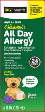 DG Health Children's Ages 2+ Years Grape All Day Allergy 1 mg Liquid Syrup (4 oz) BEST BY 08/2025