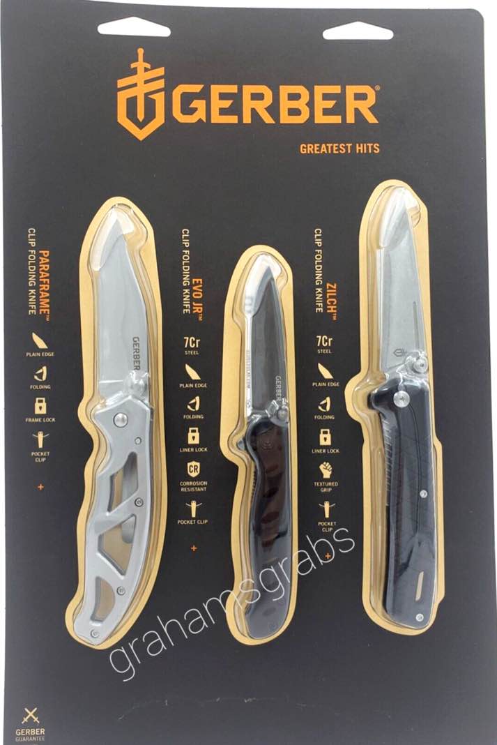  GERBER 3 PC FOLDING KNIFE SET GREATEST HITS PARAFRAME, EVO JR, ZILCH FREE SHIPGERBER( pickup in the cage) 