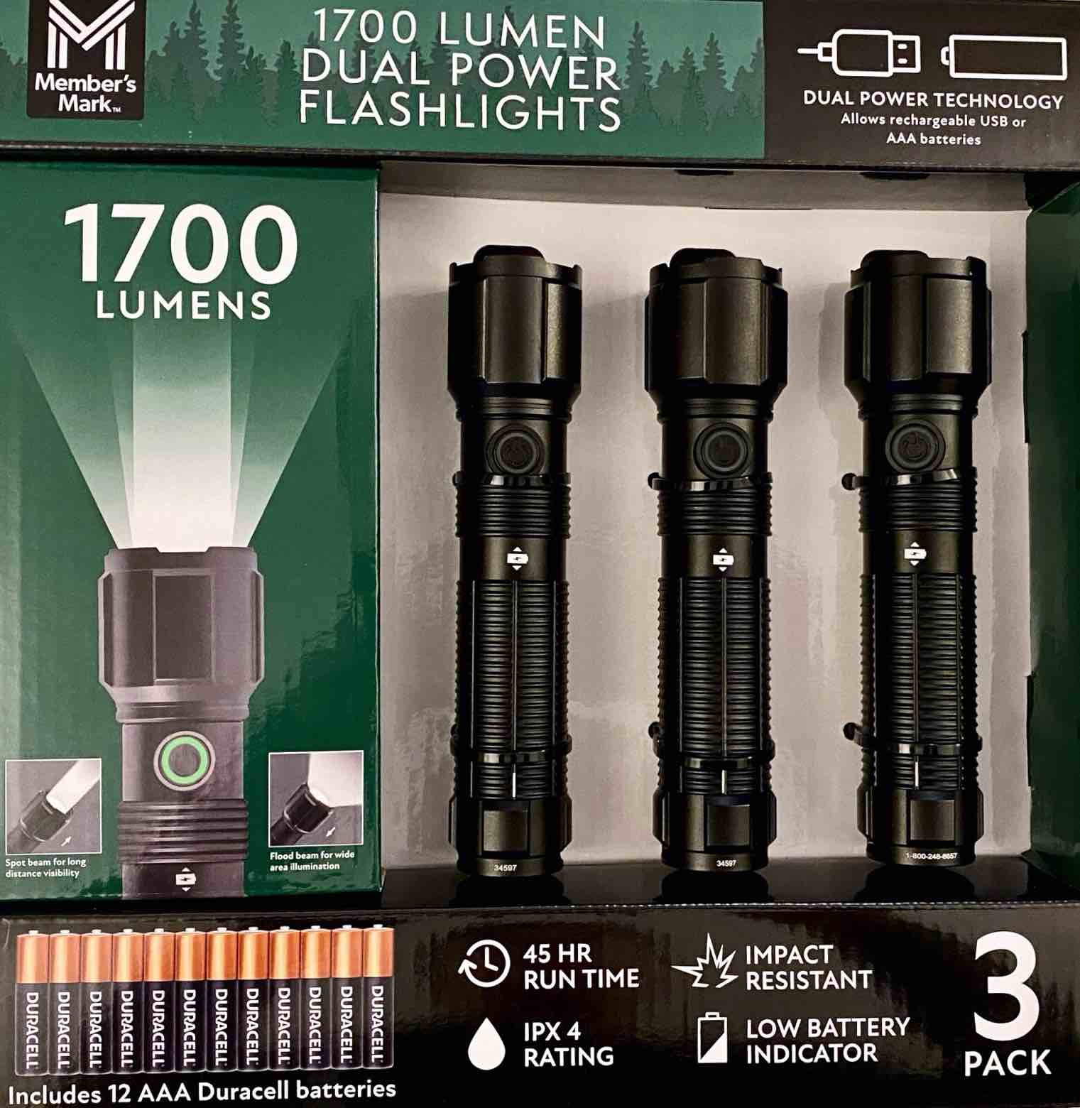 member’s mark 3pc 1700 lumen dual power led flashlight set - rechargeable & aaa