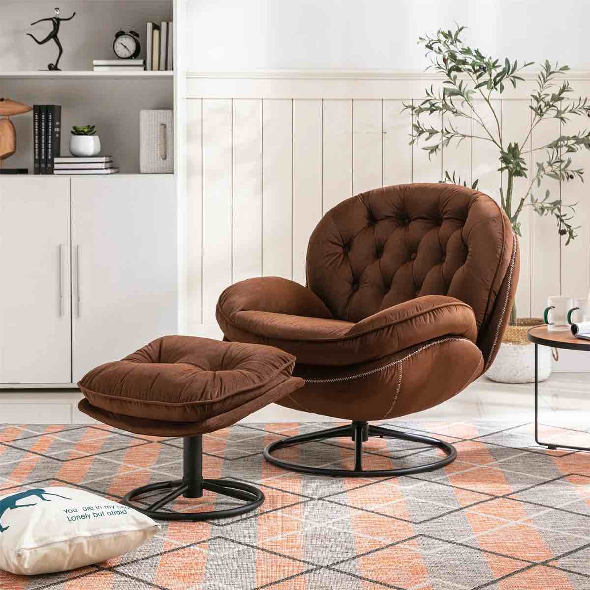 INCLAKE Modern Upholstered Foam Velvet Metal MDF Solid Print Swivel Accent Chair with Ottoman Set, Brown