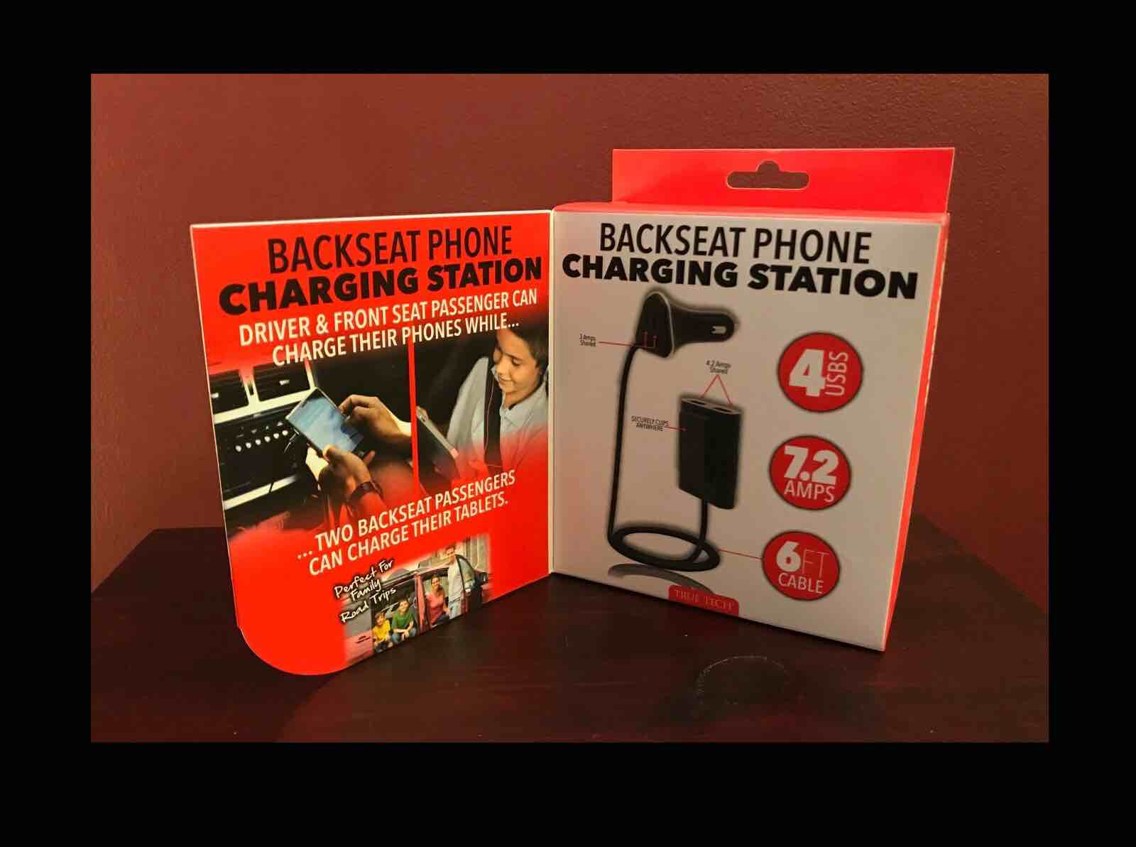 TRUE TECH BACKSEAT PHONE CHARGING STATION 6' CABLE 4 USBs 7.2 AMPS NIP!