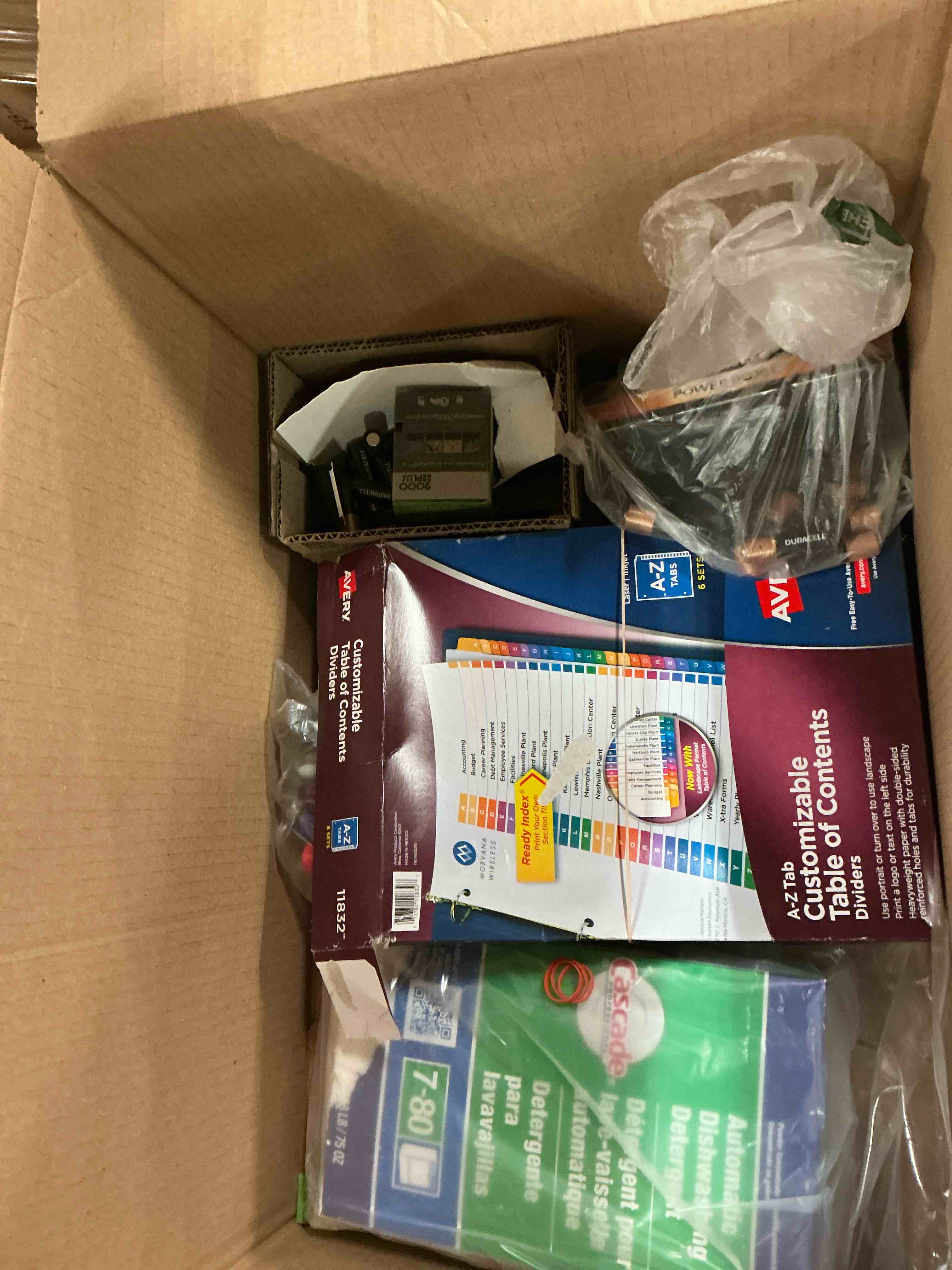 Assortment of cleaning and school supplies and batteries