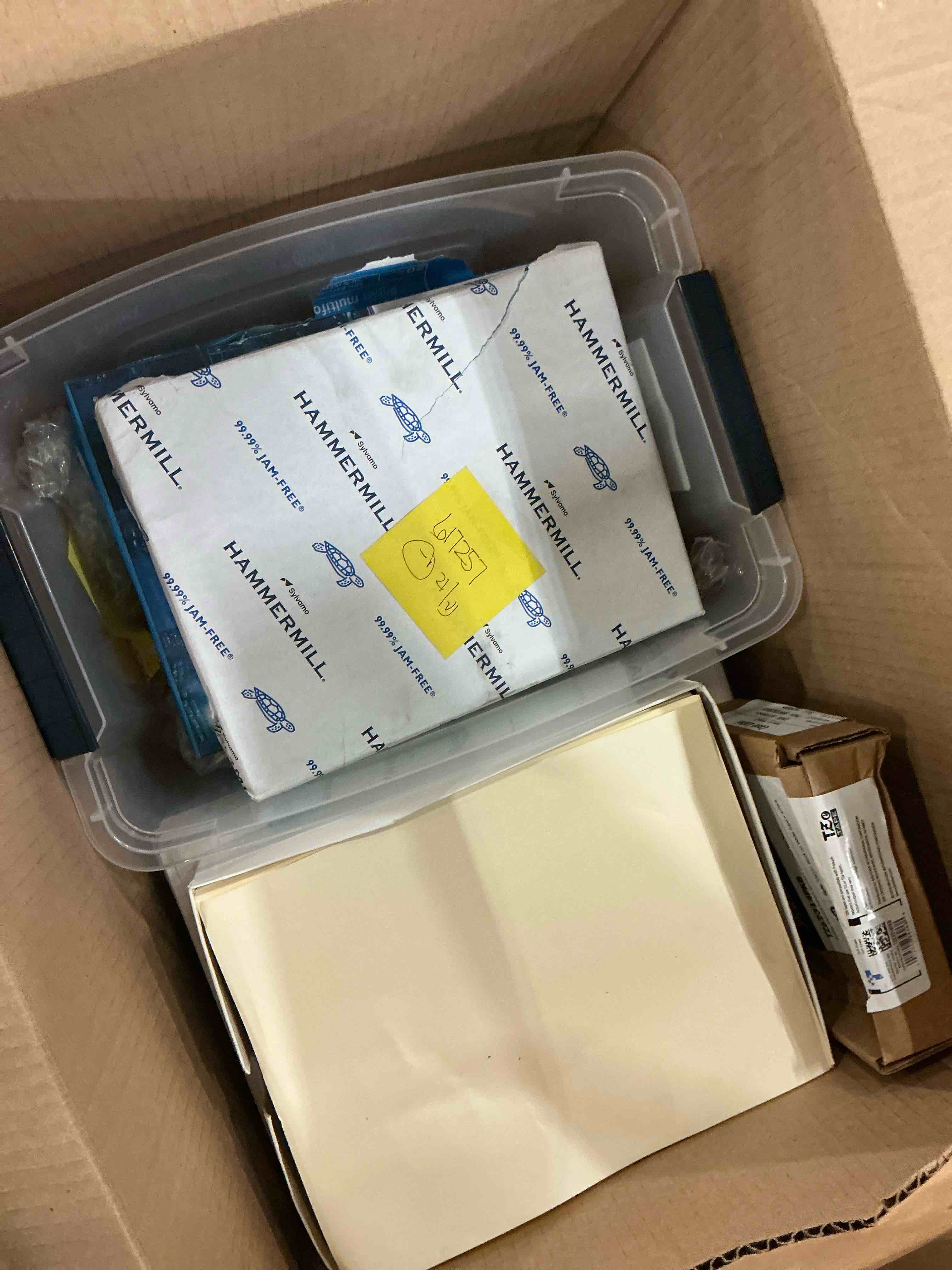 Assortment of cleaning and school supplies and batteries
