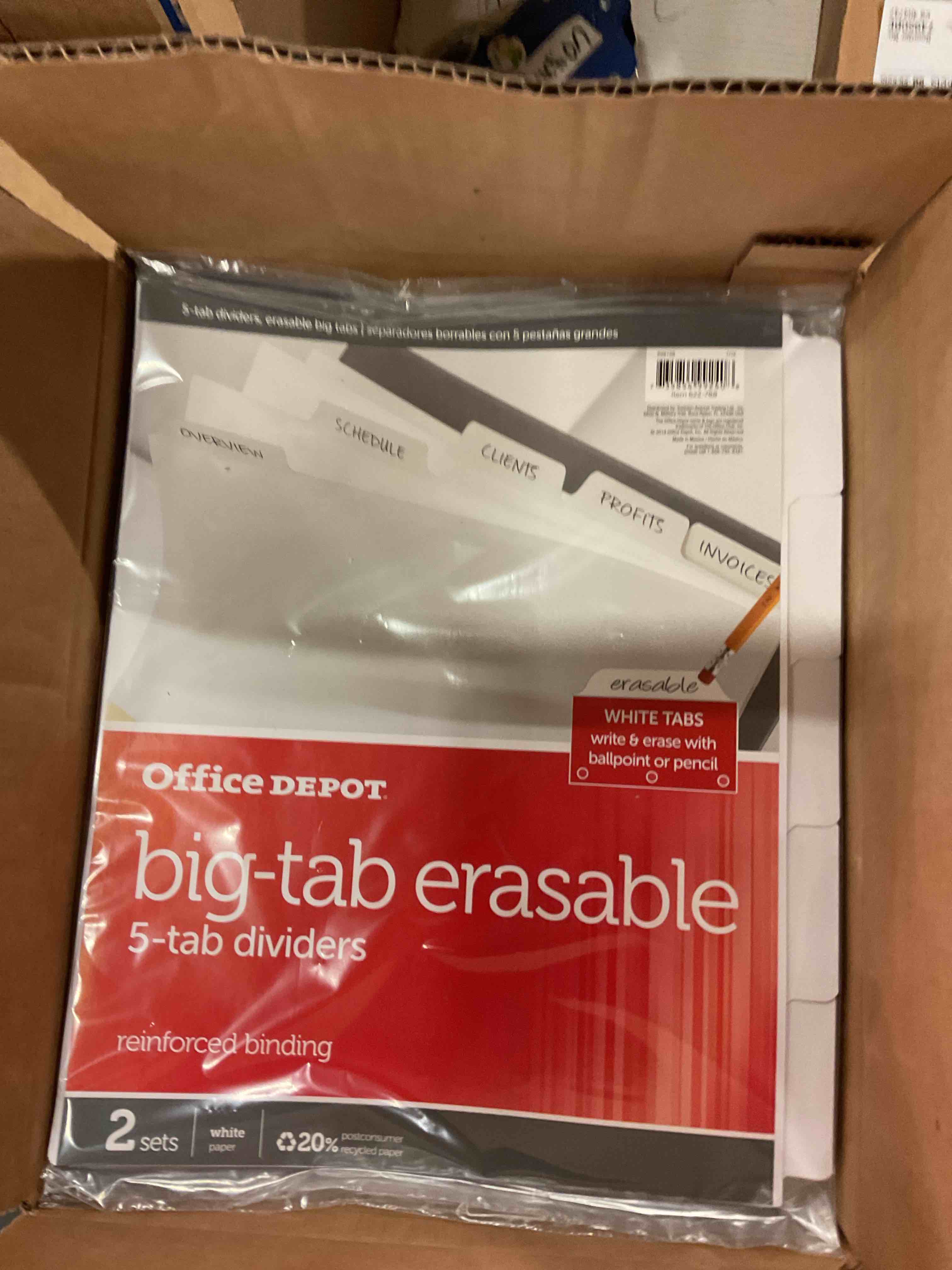 Office Depot(R) Brand Erasable Big Tab Dividers, 5-Tab, White, Pack Of 2 Sets, entire case