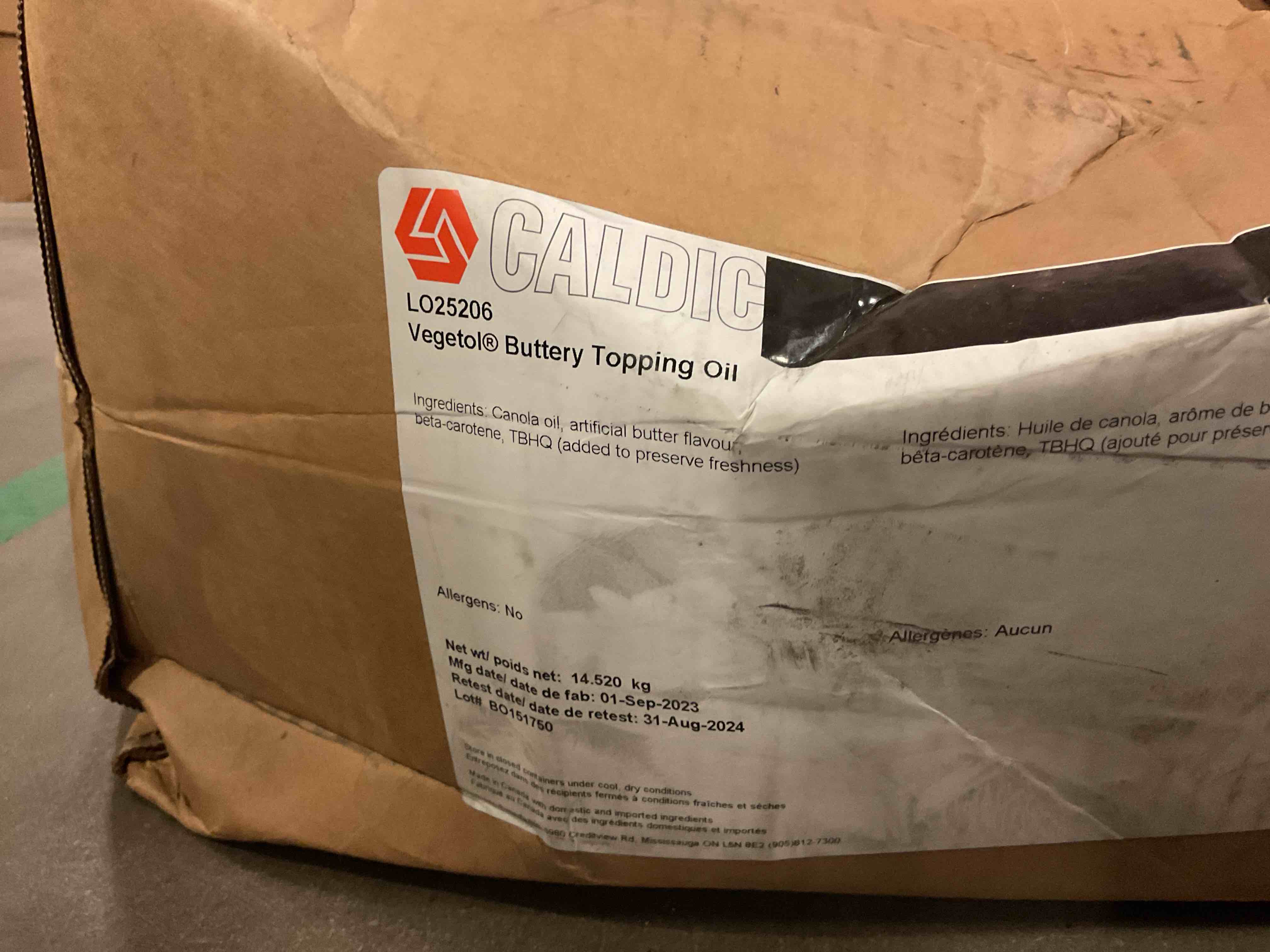 Caldic Vegetol Buttery Topping Oil 14.52 kg in a bag