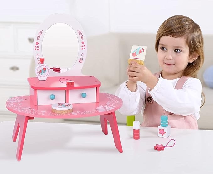 (see description)TOOKYLAND Toddler Princess Vanity Play Toy Set, Kids Toy Vanity Wooden Makeup Table for Little Girl