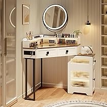 Corner Vanity Desk with Mirror and Lights, Modern Glass Top Makeup Vanity Set with Charging Station for Bedroom/Cloakroom (No Stool)