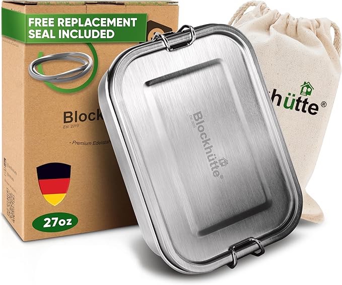 Blockhuette Stainless Steel Lunch Box I 27oz I Durable Metal Bento Box for AdultsI Leak-Proof, Reusable, with 3 Compartments I For Work, Travel, Meal Prep On-the-Go I Dishwasher safe