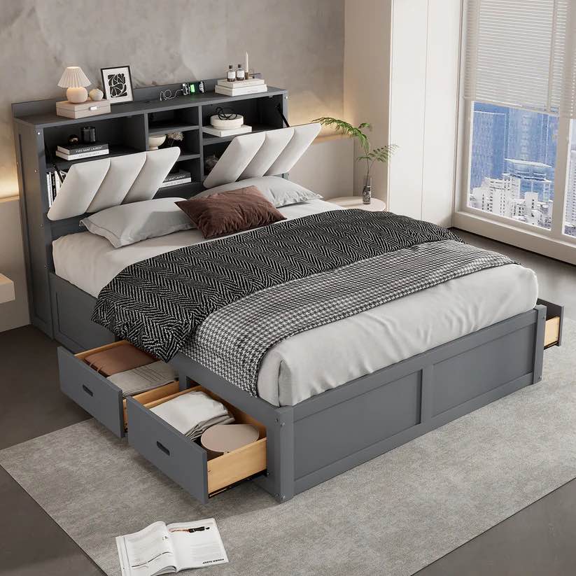 FULL BED WITH 4 DRAWERS AND CABINET GRAY