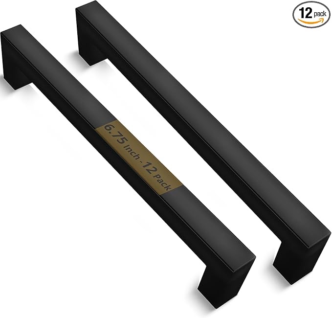 Mega Handles 12 Pack I Cabinet Pulls 6.75 Inch, Stainless Steel Cabinet Handle Pulls I Ideal for Kitchen Drawer, Cabinets, Cupboard I Hardware for Cabinets - Hole Distance 6.25 Inch - Matte Black