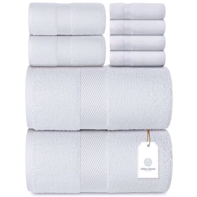 White Classic hotel Collection 8 piece Towel set 100%Cotton 2 Bath 2 Hand. 4 wash