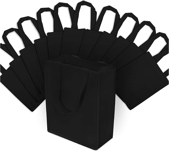 ZENPAC 8x4x10 12 Pack Small Black Tote Bags, Small Reusable Bags with Handles, Fabric Cloth Bags for Small Business, Merchandise, Retail, DIY