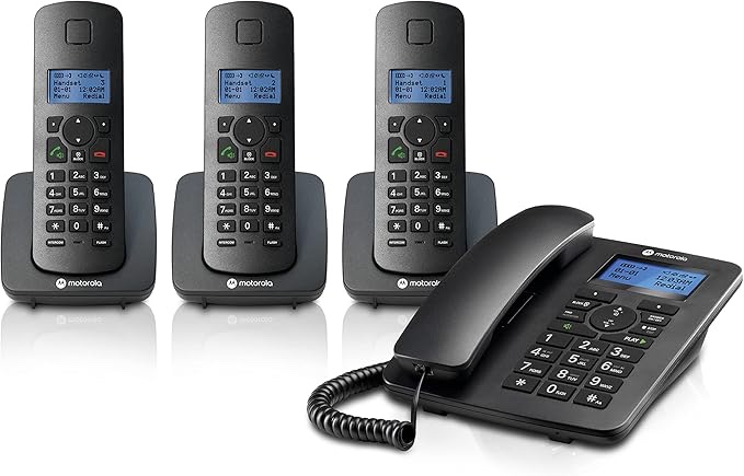 Motorola Voice C42 Corded Phone System + 3 Digital Cordless Handsets w/Answering Machine, Call Block - Black (C4203)