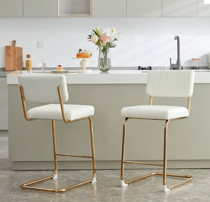 Farini Counter Height Bar Stools Set of 2,27 inch Modern Barstools PU Leather Backrest Solid Golden Metal Base,Barstools Side Chairs for Kitchen Dining Bar Chairs(White)