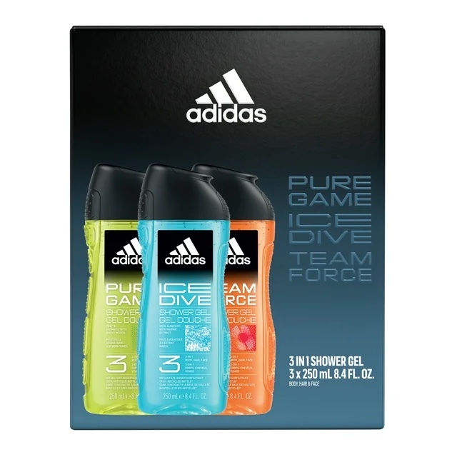 Adidas Men's 3 Piece Holiday Giftset Including Body Wash(3x) Pure Game, Ice Dive, and Team Force