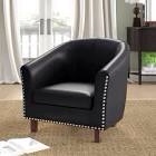 Marwood Faux Leather Barrel Accent Chair with Rubberwood Legs, black