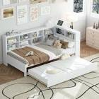 Emareon Wooden Space Saver Daybed with Trundle, USB Charger and 2 Storage Shelf