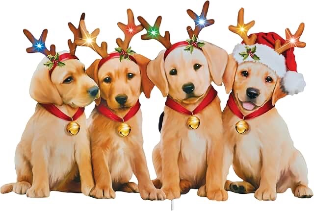 Solar Powered Adorable Holiday Puppies Outdoor Garden Stake