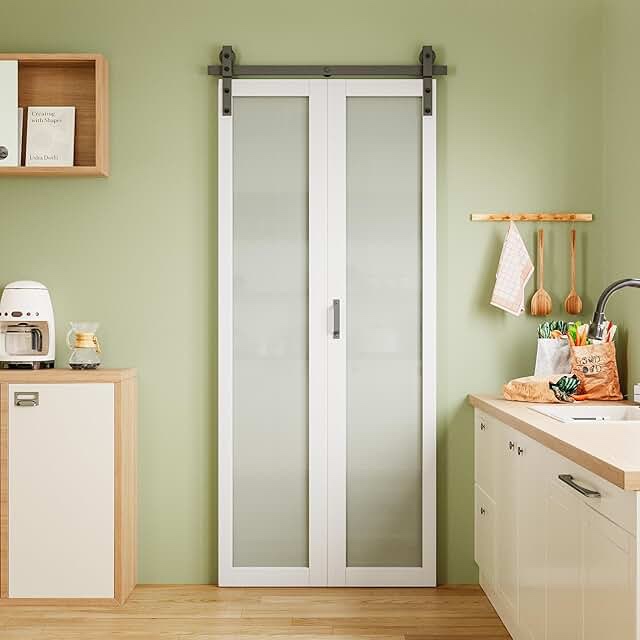 BIFOLD BARN DOOR WITH HARDWARE, FROSTED GLASS/WHITE, 32 INCH
