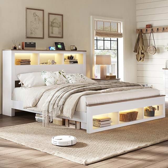 Upholstered Platform Bed With Guardrail, Storage Headboard And Footboard