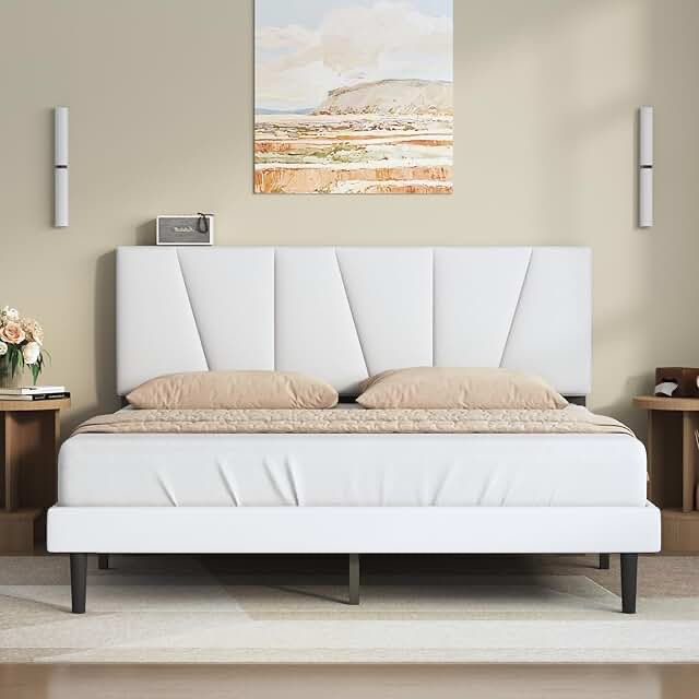 Eveline Upholstered Platform Bed Frame With High Wingback Headboard, King, Textured Ivory Canvas (Box 1 Of 2)