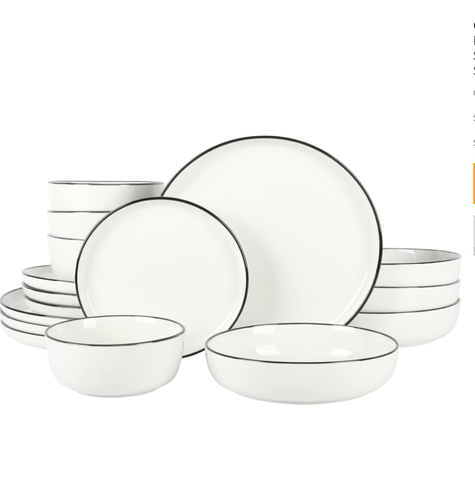 Gibson Home Oslo 16 Piece Porcelain Dinnerware Set,White w/Black Rim Rim, Service for 4 (16pcs)