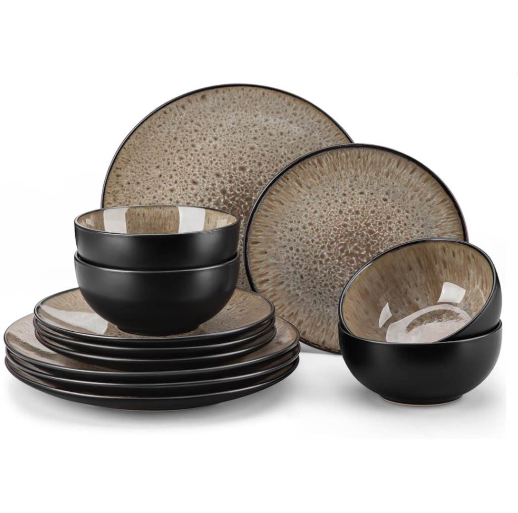 vancasso Bubble Plates and Bowls Sets - 12 Piece Dinnerware Sets Service for 4, Reactive Glaze Stoneware Tableware Set, Microwave, Dishwasher, Oven Safe (Brown)