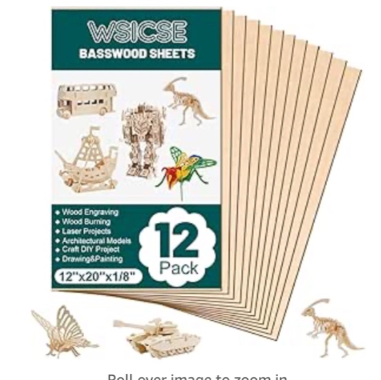 Basswood Sheets 1/8 x 12 x 20 Inch, 3mm Plywood Sheets,12Pack Balsa Wood Sheets Basswood for Laser Cutting,Wood Burning,Painting, Model Making