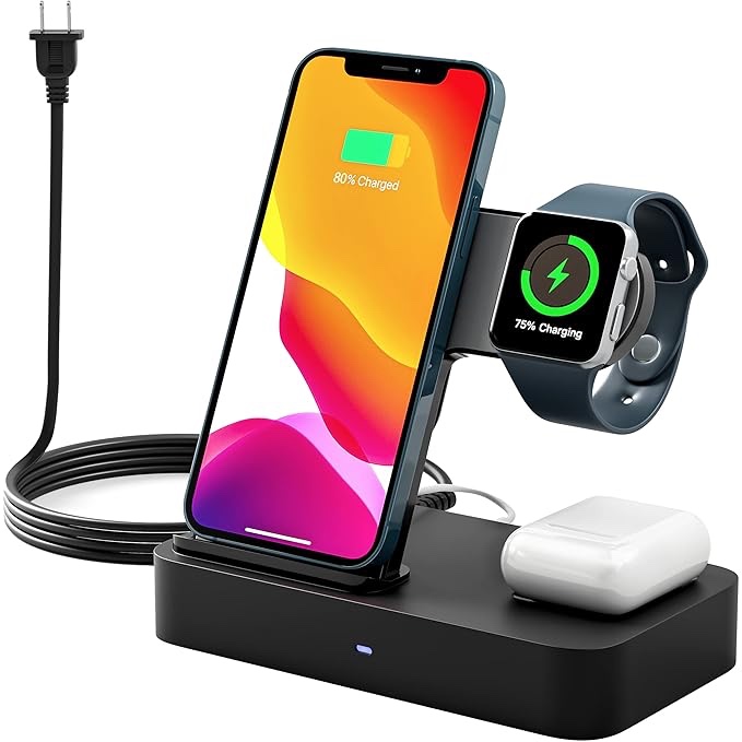 Poweroni 3 in 1 Wireless Charger Station for Multiple Devices Apple Compatible Charging Station Stand for Apple Watch, AirPods, iPhone, iPad, Android, Tablets - fast charge wireless charging dock
