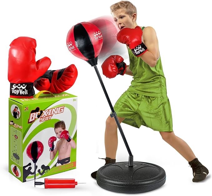 ToyVelt Punching Bag for Teens and Adults Boxing Set with Adjustable Standing Base, Boxing Gloves, Hand Pump