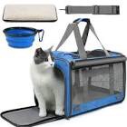 Cat Carrier, Large Cat Carrier for Small Medium Dogs Cats, Foldable Soft-Sided Cat Carriers Under 25lbs with a Bowl, Mat, Travel Car Cat Carries for Outdoors, TSA Airline Approved,Blue