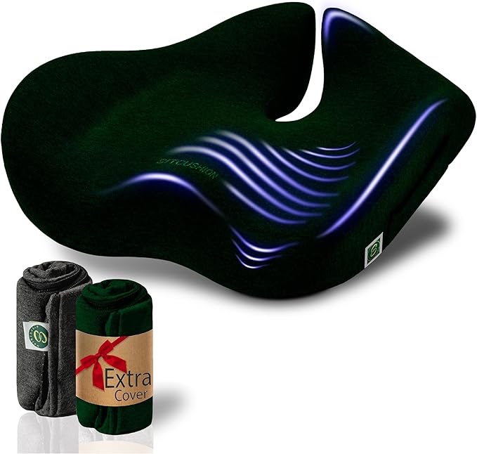 Pressure Relief Seat Cushion for Tailbone Pain  X Large Office Chair Cushion for Butt, Back Pain, Coccyx & Sciatica Pain Relief Pillow. Memory Foam Seat Cushions for Office Chairs. Extra Cover(Green)