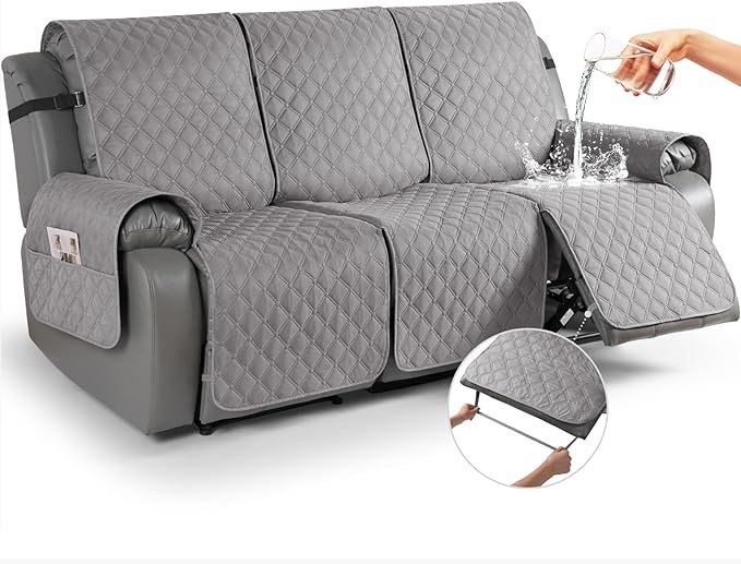 TAOCOCO Waterproof Recliner Couch Cover 1-Piece Sofa Covers for Reclining Sofa 3 Seat with Leg Straps Pocket, Washable Reclining Sofa Covers Couch Protector for Dogs Pets Kids(3 Seater, Bluish Grey)