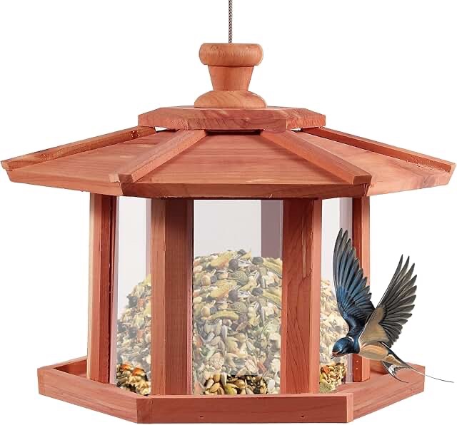 Solution4Patio Hexagon Shaped Gazebo Bird Feeder, USA Cedar, Hollow Mesh Tray, Large Capacity, Easy to Clean & Fill, 9.6" Dia. X 8.7" H, G-B121A00-US