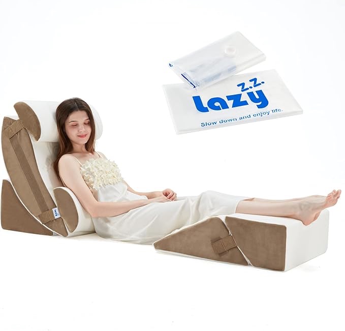6pcs Orthopedic Bed Wedge Pillow Set, Memory Foam Wedge Pillow for Sleeping, Knee, Lumbar and Back Pain Relief Adjustable Bed Pillow - Acid Reflux, Anti Snoring & GERD Sleeping, Brown