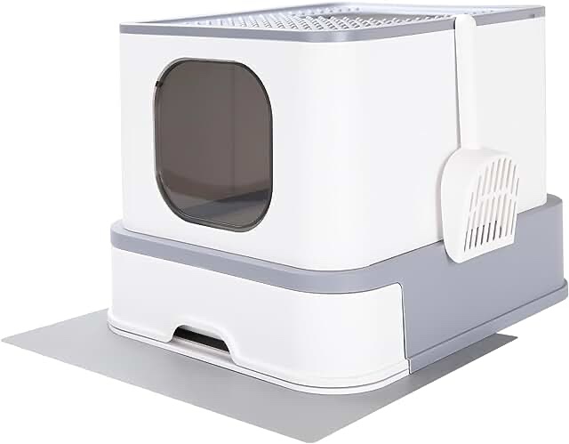 RIZZARI Large Foldable Cat Litter Box,Top Entry Cat Litter Box with Lid,Anti-Splshing Cat Kitty Litter Pan Easy Cleaning and Scoop (Upgrade,White)