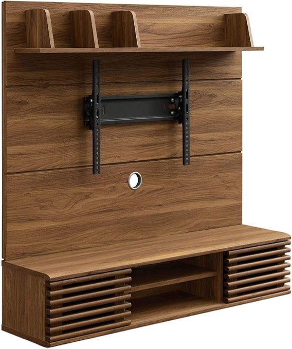 Modway Render Mid-Century Modern Wall-Mounted 46 Inch Entertainment Center TV Stand in Walnut, 46"