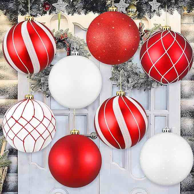 Wettarn Set of 8 Large Christmas Ball Ornaments 6 Inch Farmhouse Christmas Ball Ornaments with Buffalo Plaid Bows Indoor and Outdoor Plastic Hanging Tree Ornament for Lawn Yard Hanging