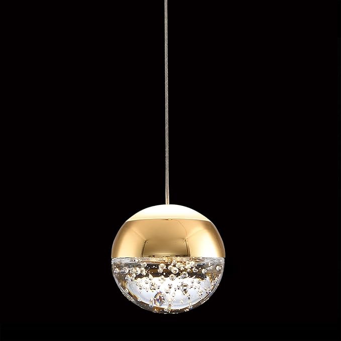 JoollySun 1-Light Mini Globe Pendant: Modern LED Crystal Single Ceiling Hanging Light Fixtures in Gold Finish for Kitchen Island Bar Bathroom Bedside