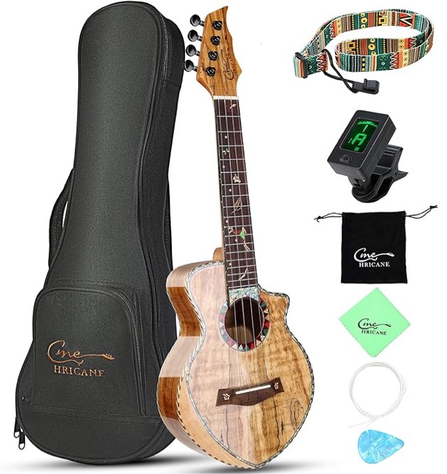 Hricane Concert Ukulele Spalted Maple 23 Inch Ukelele for Beginners, Cutaway Ukulele Professional Wood Uke with Glossy Satin Body Ukulele Stater Kit