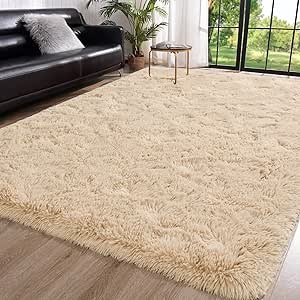 Litanika 4x6 Shag Area Rug for Living Room Bedroom, Tie-Dyed Beige Fluffy Shaggy Fuzzy Nursery Kids Girls Boys Room Rug, Cream Soft Plush Furry Bedside Carpet, Non-Slip, Non-Shedding Indoor Floor Rug