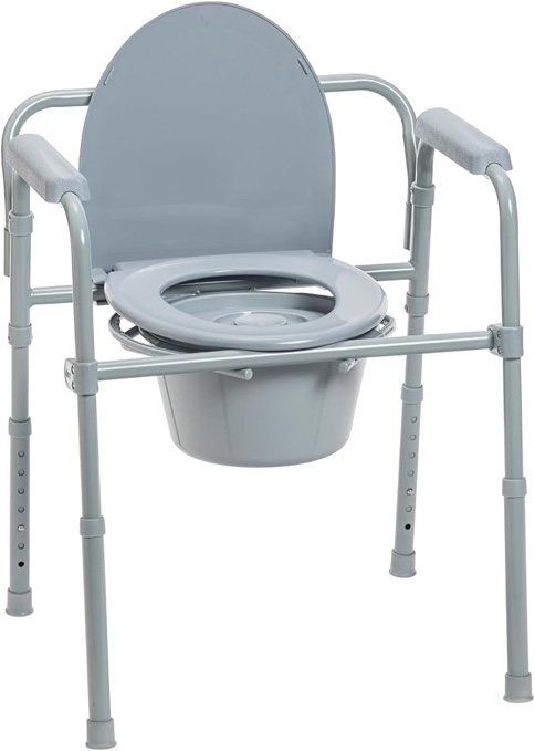 Drive Medical 11148-1 Folding Steel Bedside Commode Chair, Portable Toilet, Supports Bariatric Individuals Weighing Up To 350 Lbs, with 7.5 Qt. Bucket and 13.5 Inch Seat, Grey