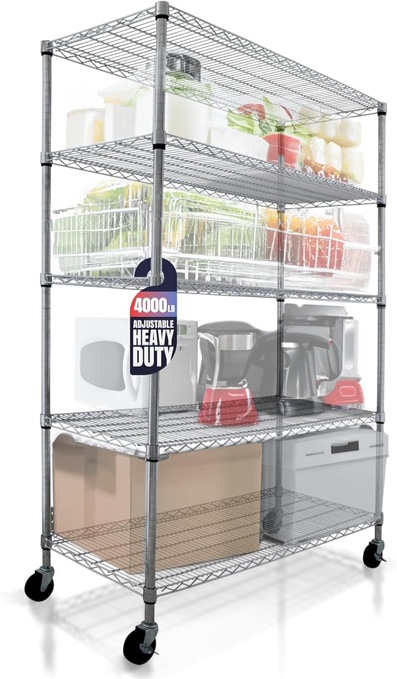 48 x 24 x 76, 4000 LBS, Commercial Metal Shelves for Storage with Wheels for Garage Shelving, 5 Tier Wire Shelving Rack for Kitchen Storage, Heavy Duty Shelving for Home Storage, Chrome, Crescent