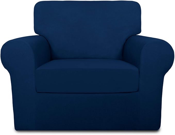 PureFit 2 Pieces Super Stretch Chair Couch Cover for 1 Cushion Slipcover Spandex Non Slip Soft Sofa Cover for Kids, Pets, Washable Furniture Protector (Small, Navy)