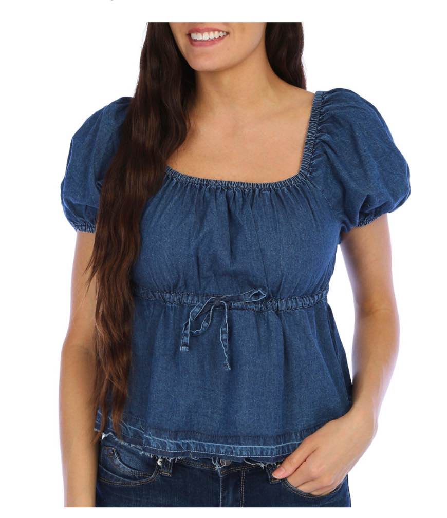 Derek Heart Juniors Denim Short Sleeve Off-Shoulder Top size large 