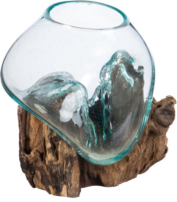 Cape Craftsmen 7-Inches Tall Hand-Blown Blue Tinted Bubble Glass On Natural Teak Driftwood Terrarium | Home Décor Indoor Planter with Stand | Pot for Succulent and Plants