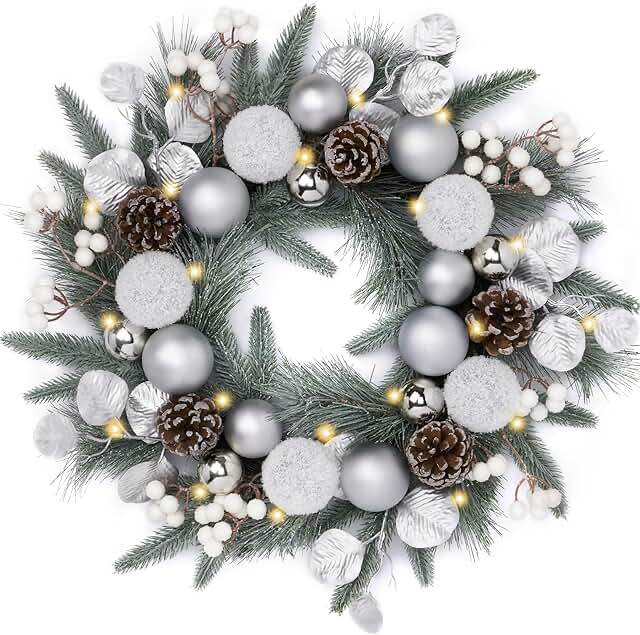 Valery Madelyn Pre-Lit Christmas Wreath for Front Door with Lights, 20 Inch Large Lighted Christmas Wreath with Silver White Xmas Balls for Fireplace Window Outdoor Table Centerpiece Home Decoration